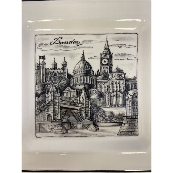 Brunelli Cities London Square 7.5 in. Plate Black White Made in Italy - Picture 2 of 4